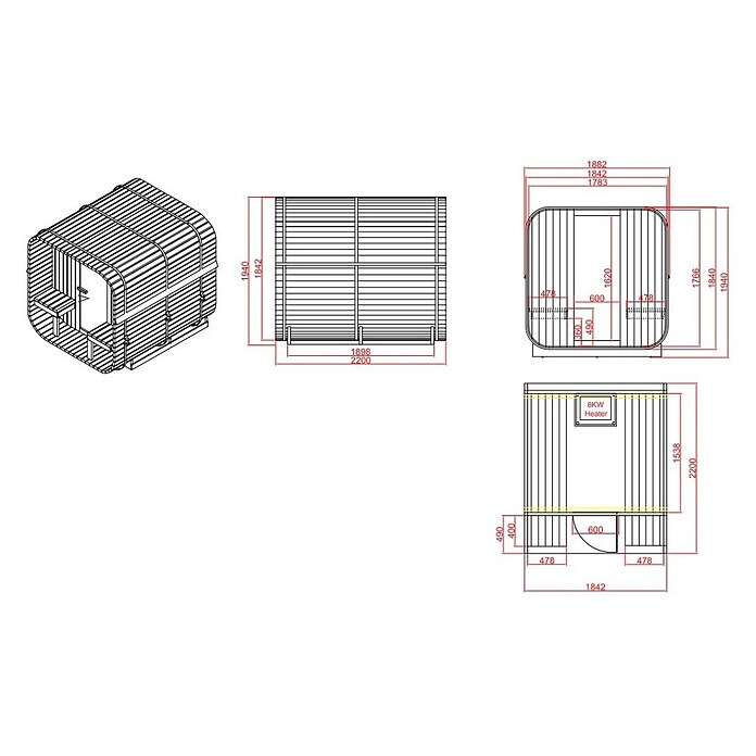 Sanotechnik Finska savna Göteborg  (Električna peč, Do x Š x V: 188,2 x 220 x 194 cm) | 4146 - Element-Saunen | DCGA - Fertigsauna | DCG - Sauna Wellness | DC - Sanitärinstallation | D - Sanitär | BAUHAUS