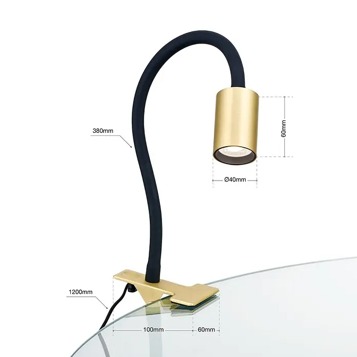 Orion Leuchten LED-Klemmleuchte - L x B x H: 46 x 6 x 12 cm, 5 W, Lichtfarbe: Warmweiß - Goldene Klemmleuchte mit flexiblem schwarzem Schwanenhals und zylindrischem Kopf, an einer Glasfläche befestigt.