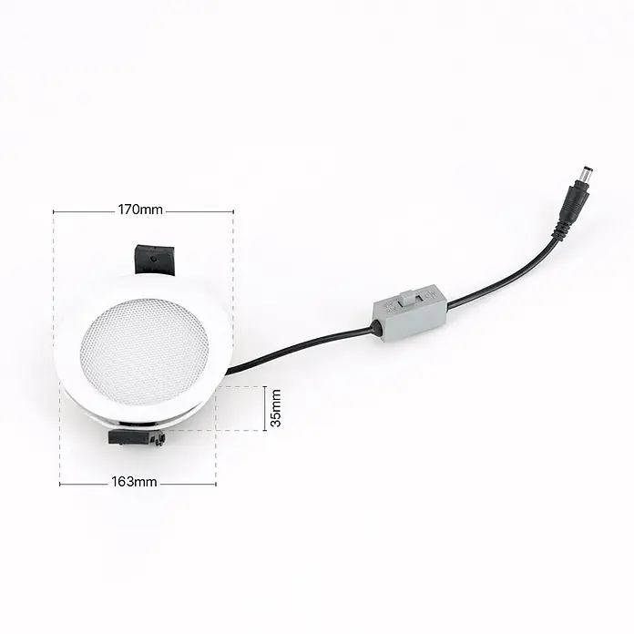 Orion Leuchten LED-Einbauleuchte rund -  - Weißes, rundes LED-Einbauleuchte mit Gitterdiffusor, Kabel, Schalter und DC-Stecker.