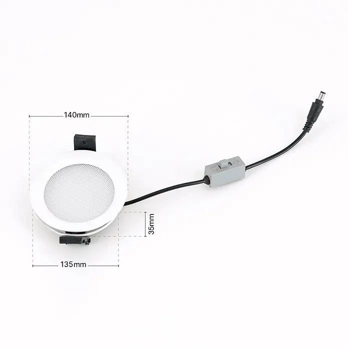 Orion Leuchten LED-Einbauleuchte rund -  - Weiße runde LED-Einbauleuchte mit transluzentem Diffusor, Kabel, integriertem Schalter und DC-Stecker. Maße: 140x135x35mm.