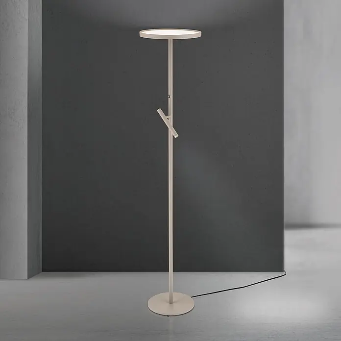 Orion Leuchten LED-Deckenfluter - 33 W, Höhe: 175 cm - Helle beige Stehlampe mit kreisförmigem Uplight und verstellbarer Leseleuchte am Stiel.