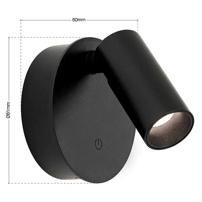Orion Leuchten Akku-Wandleuchte - 8 x 8 x 6 cm, IP20 - Schwarzer, mattierter Wandstrahler mit runder Basis, einstellbarem zylindrischem Leuchtenkopf und integriertem Einschaltknopf.