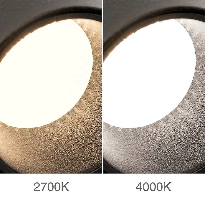 Orion Leuchten Akku-Wandleuchte - 8 x 8 x 6 cm, IP20 - Downlight mit 2700K warmweißem Licht (links) und 4000K neutralweißem Licht (rechts), zeigt Effekt auf texturierte Innenseite.