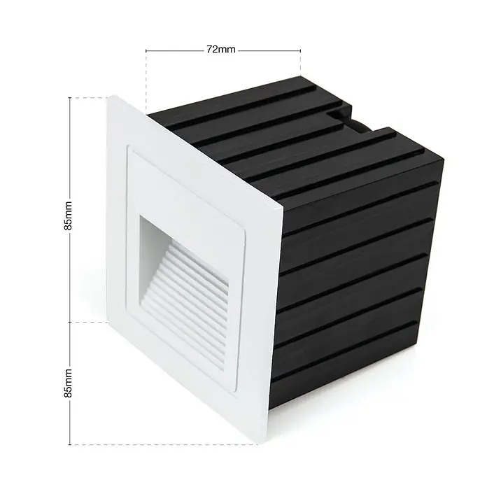 Orion Leuchten LED-Einbauleuchte - L x B x H: 7,2 x 8,5 x 8,5 cm - Weißes quadratisches Einbau-LED-Stufenlicht, 85x85mm Front mit schwarzem 72mm tiefen Körper.