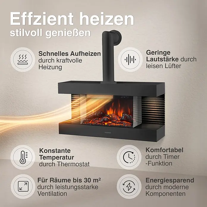 Elektrischer Kamin KAMINIO Liz mit Ofenrohr - 21,7 x 82 x 81,8 cm, Schwarz - Schwarzer, an der Wand montierter Elektrokamin mit realistischen Flammen und ausströmender Wärme, der seine Funktionen hervorhebt.