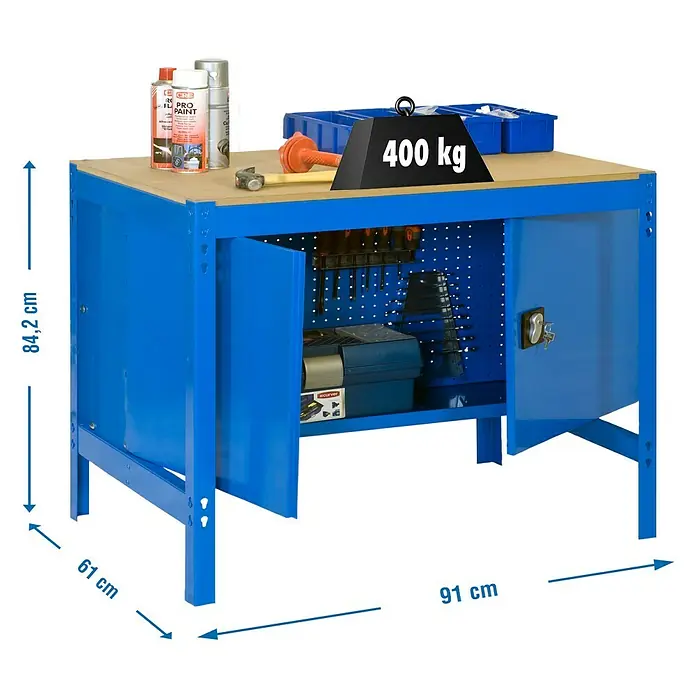 Simonrack Simonwork Banco de trabajo BT0 Locker - L x An: 61 x 90 cm, Altura de trabajo: 84,2 cm, Carga soportada: 400 kg, Azul - Banco de trabajo con estructura de acero azul, encimera de madera y armario para guardar herramientas.\n