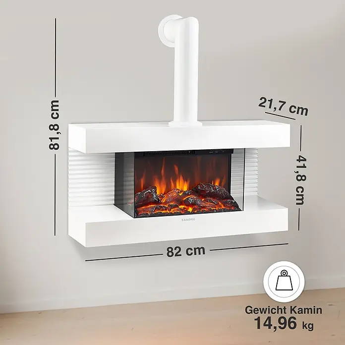 Elektrischer Kamin KAMINIO Liz mit Ofenrohr - 21,7 x 82 x 81,8 cm, Weiß - Weißer wandmontierter Elektrokamin mit Flammeneffekt, Maßen 81,8x82x21,7 cm und Gewicht 14,96 kg.