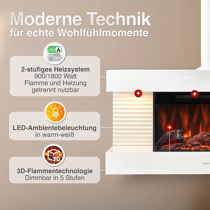 Elektrischer Kamin KAMINIO Liz mit Ofenrohr - 21,7 x 82 x 81,8 cm, Weiß - Weißer Elektrokamin mit realistischer 3D-Flamme, 2-Stufen-Heizung (900/1800W) und warmweißer LED-Ambientebeleuchtung.