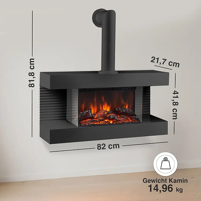 Elektrischer Kamin KAMINIO Liz mit Ofenrohr - 21,7 x 82 x 81,8 cm, Schwarz - Schwarzer Wandkamin mit Flammeneffekt, dekorativem Rohr, Maßen und Gewicht.