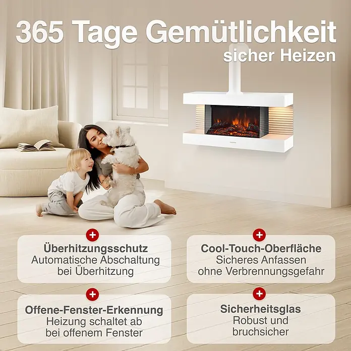 Elektrischer Kamin KAMINIO Liz mit Ofenrohr - 21,7 x 82 x 81,8 cm, Weiß - Weißer Wandkamin in gemütlichem Wohnzimmer, mit Sicherheitsfunktionen wie Cool-Touch-Oberfläche und Überhitzungsschutz.