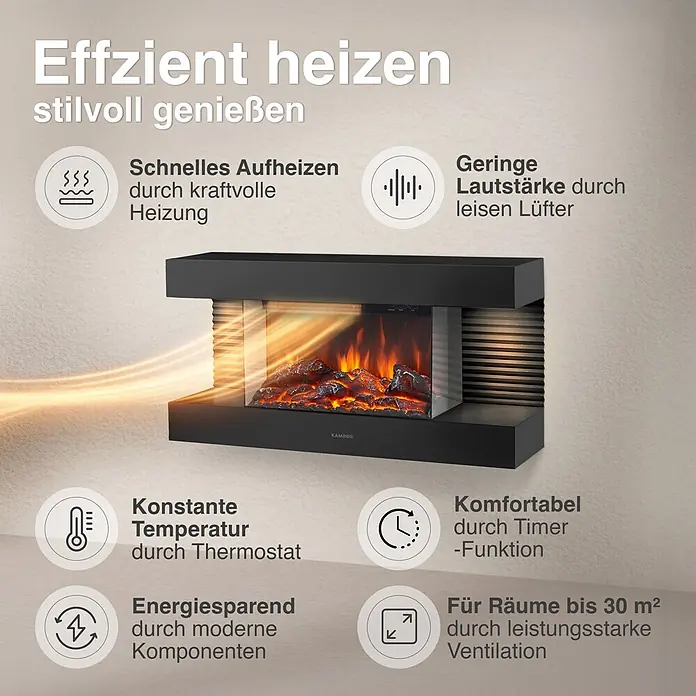 Elektrischer Kamin KAMINIO Liz - 21,7 x 82 x 41,8 cm, Schwarz - Schwarzer elektrischer Kamin mit Flammeneffekt und Merkmalen für effizientes Heizen.