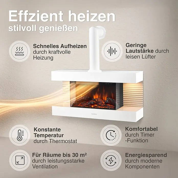 Elektrischer Kamin KAMINIO Liz mit Ofenrohr - 21,7 x 82 x 81,8 cm, Weiß - Weißer, moderner Elektrokamin mit stilvollen künstlichen Flammen und glühenden Holzscheiten.