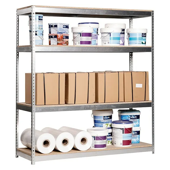 Simonrack Simontaller Schwerlastregal Ecoforte Chipboard - H x B x T: 200 x 150 x 45 cm, Traglast pro Boden: 400 kg, Anzahl Böden: 4 Stk., Stecken, Silber - Regal mit Farbtöpfen, Kartons und Rollen.