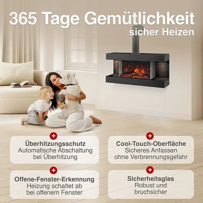 Elektrischer Kamin KAMINIO Liz mit Ofenrohr - 21,7 x 82 x 81,8 cm, Schwarz - Schwarzer Wandkamin in einem Wohnzimmer, der Gemütlichkeit und Sicherheit durch Überhitzungsschutz und Cool-Touch-Oberfläche bewirbt.