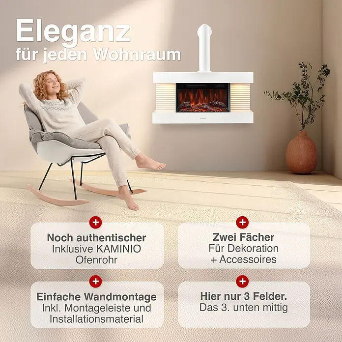 Elektrischer Kamin KAMINIO Liz mit Ofenrohr - 21,7 x 82 x 81,8 cm, Weiß - Weißer Wand-Elektrokamin mit dekorativem Schornstein in gemütlichem Wohnzimmer, eine Frau entspannt daneben im Schaukelstuhl.