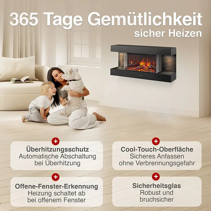 Elektrischer Kamin KAMINIO Liz - 21,7 x 82 x 41,8 cm, Schwarz - Schwarzer wandmontierter Elektrokamin mit realistischen Flammen, der sichere und gemütliche Wärme für Familien zu Hause bietet.