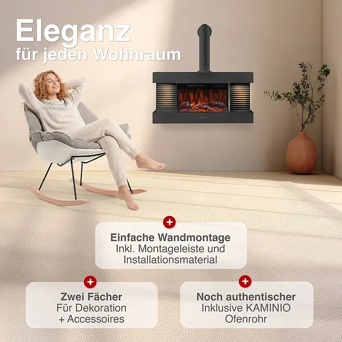 Elektrischer Kamin KAMINIO Liz mit Ofenrohr - 21,7 x 82 x 81,8 cm, Schwarz - Wandmontierter, schwarzer Elektrokamin mit Deko-Ofenrohr in einem gemütlichen Wohnzimmer, eine Person entspannt in der Nähe.