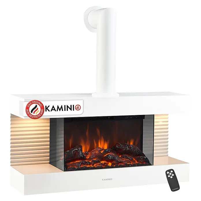 Elektrischer Kamin KAMINIO Liz mit Ofenrohr - 21,7 x 82 x 81,8 cm, Weiß - Weißer Elektrokamin mit realistischem Flammeneffekt, Rauchrohr und Fernbedienung.