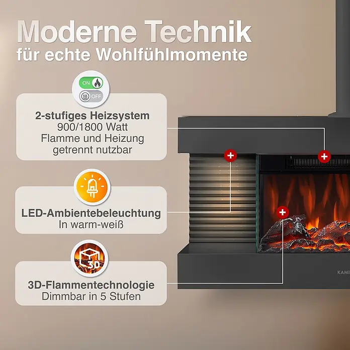 Elektrischer Kamin KAMINIO Liz mit Ofenrohr - 21,7 x 82 x 81,8 cm, Schwarz - Dunkelgrauer Elektrokamin mit 3D-Flammeneffekt, LED-Ambientebeleuchtung und zweistufigem Heizsystem.