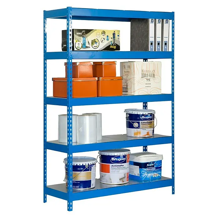 Simonrack Bricoforte Schwerlastregal Bricoforte Metall - H x B x T: 200 x 120 x 45 cm, Traglast pro Boden: 300 kg, Anzahl Böden: 5 Stk., Stecken, Blau/Silber - Regal mit fünf Ebenen, beladen mit verschiedenen Artikeln wie Farbdosen, Ordnern, Kartons und anderen Gegenständen zur Aufbewahrung.
