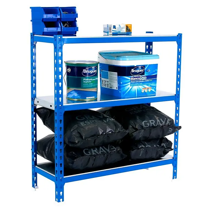Simonrack Simonclick Metallregal Simonclick Plus - H x B x T: 90 x 90 x 50 cm, Traglast pro Boden: 180 kg, Anzahl Böden: 3 Stk., Stecken, Blau/Silber - Ein blaues Regal mit zwei Farbbehältern der Marke Bruguer und Säcken mit Kies. Ideal für Garage oder Keller zur Aufbewahrung.