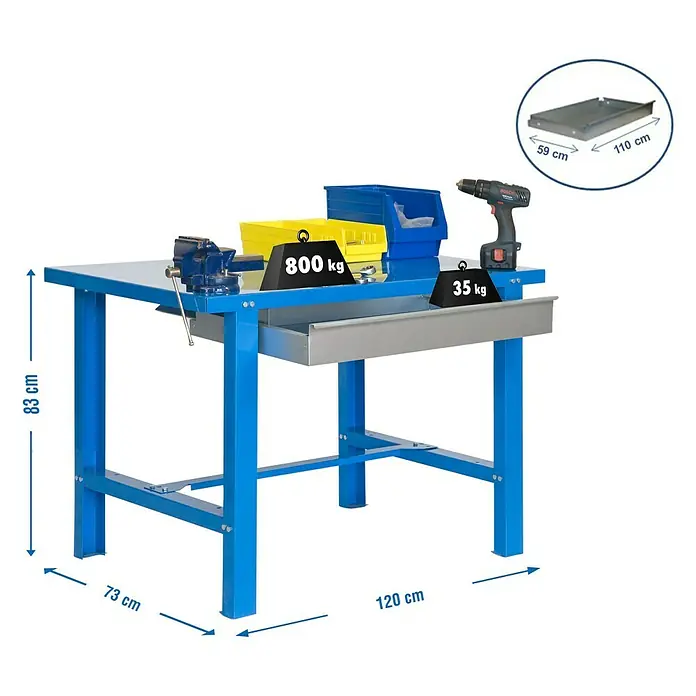 Simonrack Simonwork Banco de trabajo BT6 Box Metal - L x An: 73 x 120 cm, Altura de trabajo: 83 cm, Carga soportada: 600 kg, Azul - Banco de trabajo azul con un tornillo de banco, bandeja de almacenamiento y varios pesos que demuestran la capacidad de carga.