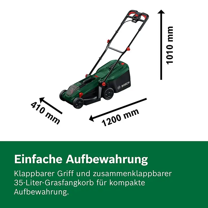 Bosch Power for All 18V Akku-Rasenmäher ROTAK18V-32 - Ohne Akku, Schnittbreite: 32 cm - Grüner Bosch Rasenmäher mit klappbarem Griff und 35-Liter-Fangsack für kompakte Aufbewahrung. Maße: 1200x410x1010 mm.