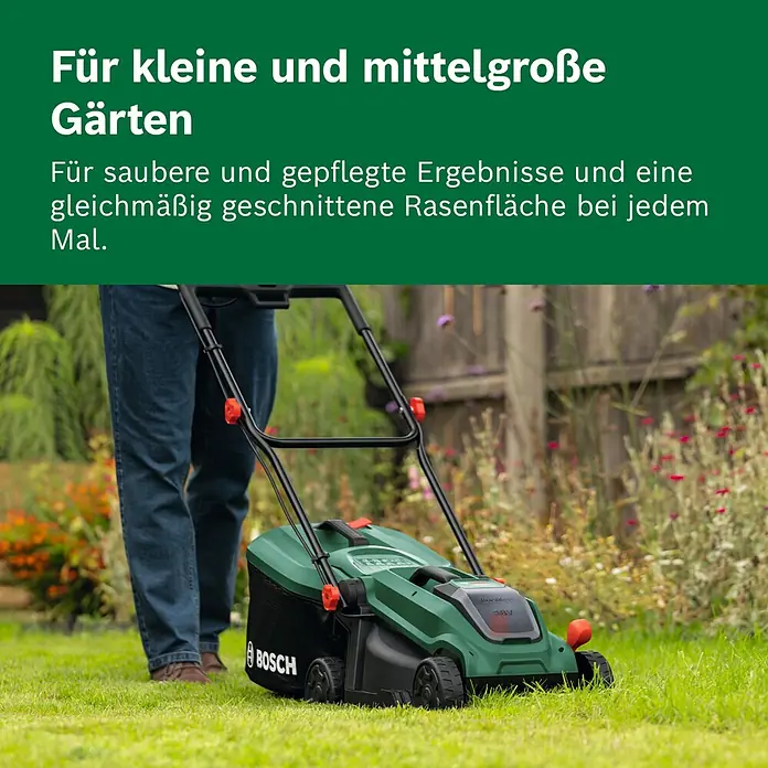 Bosch Power for All 18V Akku-Rasenmäher ROTAK18V-32 - Ohne Akku, Schnittbreite: 32 cm - Eine Person mäht Gras mit einem grün-schwarzen Bosch Akku-Rasenmäher in einem Garten.