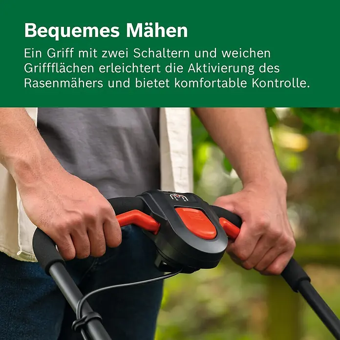 Bosch Power for All 18V Akku-Rasenmäher ROTAK18V2-38 - Ohne Akku, Schnittbreite: 38 cm - Eine Person hält einen schwarz-orangen Rasenmähergriff mit zwei Schaltern und weichem Griff für komfortable Bedienung.
