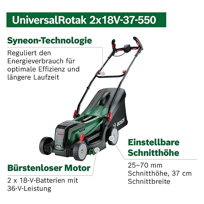 Bosch Power for All 18V Akku-Rasenmäher UniversalRotak 2x18V-37-550 - 18 V, Ohne Akku, Schnittbreite: 37 cm - Grüner und schwarzer Bosch UniversalRotak Akku-Rasenmäher mit Syneon-Technologie, bürstenlosem Motor, einstellbarer Schnitthöhe und 36V Leistung.