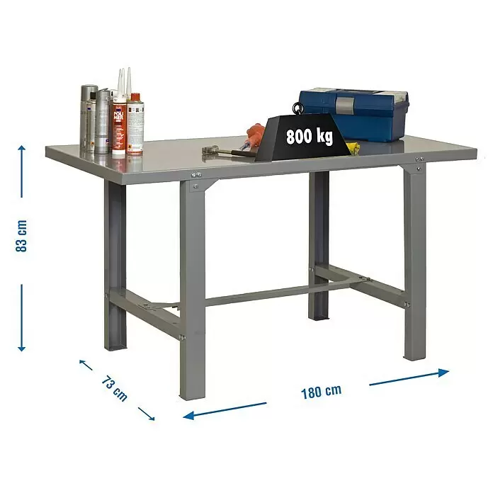 Simonrack Simonwork Werkbank BT6L METAL 1800 - L x B: 73 x 180 cm, Arbeitshöhe: 83 cm, Belastbarkeit: 600 kg, Grau - Graue Metall-Werkbank, 180x73x83 cm, mit 800 kg Tragfähigkeit. Werkzeuge und Dichtmittel auf der Arbeitsplatte.