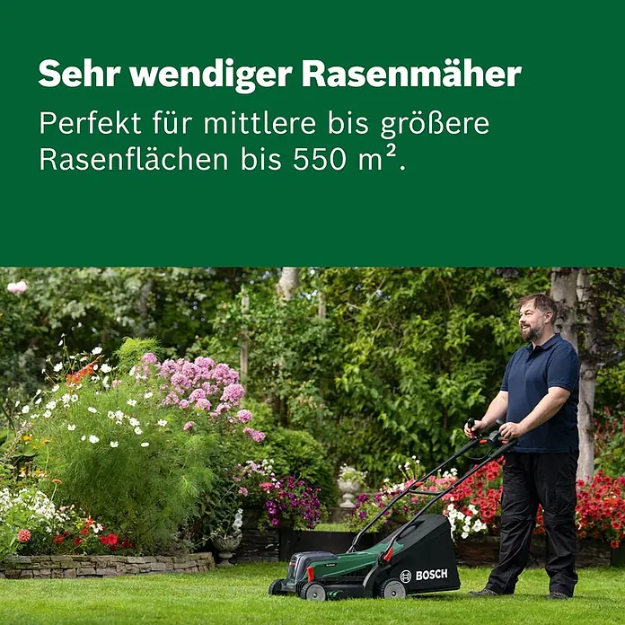 Bosch Power for All 18V Akku-Rasenmäher UniversalRotak 2x18V-37-550 - 18 V, Ohne Akku, Schnittbreite: 37 cm - Ein Mann mäht einen Rasen mit einem grün-schwarzen Bosch Rasenmäher für mittelgroße bis große Flächen.