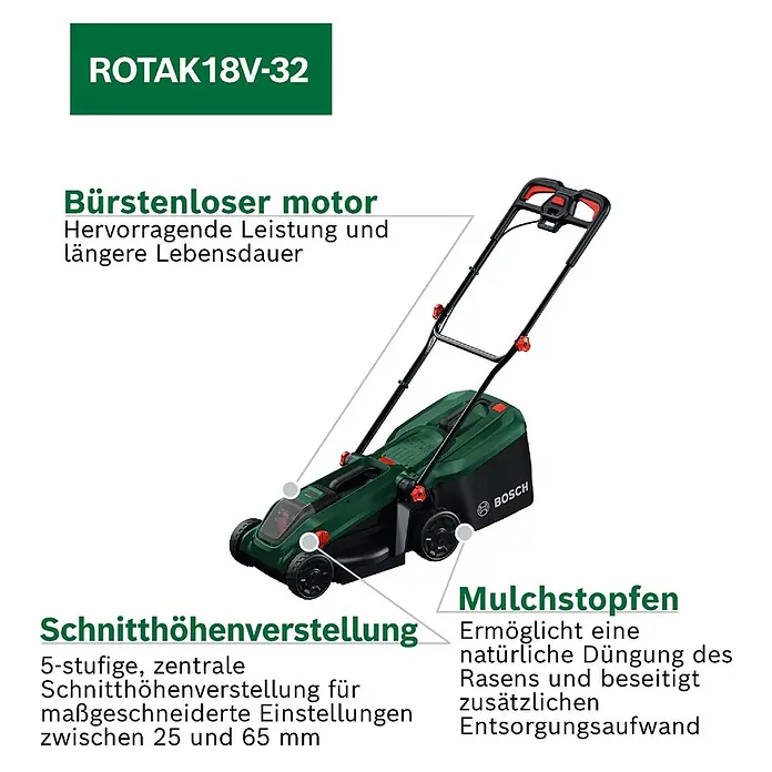 Bosch Power for All 18V Akku-Rasenmäher ROTAK18V-32 - Ohne Akku, Schnittbreite: 32 cm - Grüner Bosch Akku-Rasenmäher Rotak 18V-32 mit schwarzem Griff, bürstenlosem Motor, Mulchfunktion und verstellbarer Schnitthöhe.