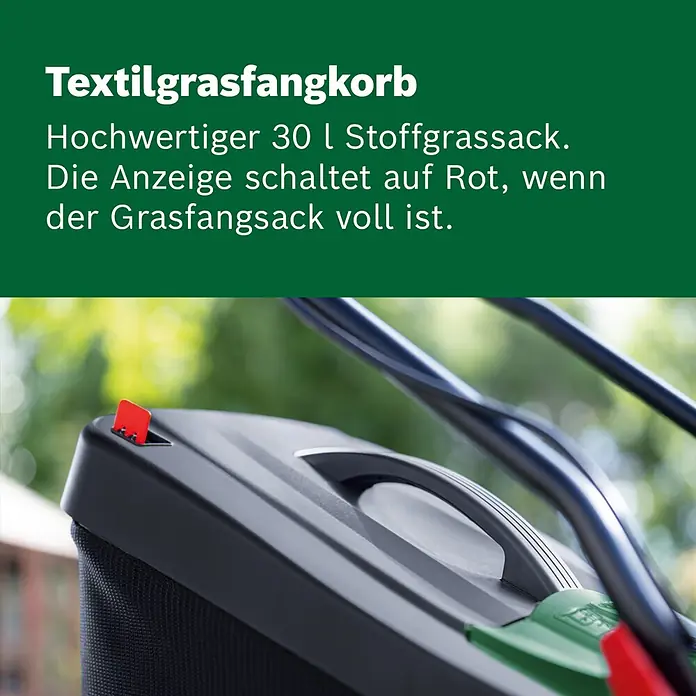 Bosch Power for All 18V Akku-Rasenmäher UniversalRotak 2x18V-37-550 - 18 V, Ohne Akku, Schnittbreite: 37 cm - Schwarzer Textil-Grasfangkorb für Rasenmäher mit roter Füllstandsanzeige.
