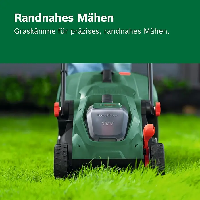 Bosch Power for All 18V Akku-Rasenmäher ROTAK18V-32 - Ohne Akku, Schnittbreite: 32 cm - Grüner Bosch 18V Akku-Rasenmäher mit bürstenlosem Motor, mäht präzise Gras am Rand.