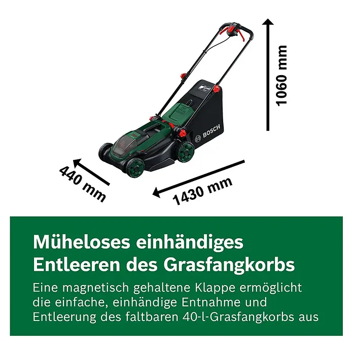 Bosch Power for All 18V Akku-Rasenmäher ROTAK18V2-38 - Ohne Akku, Schnittbreite: 38 cm - Grün-schwarzer Bosch Elektromäher mit 40-L Grasfangkorb für müheloses einhändiges Entleeren.
