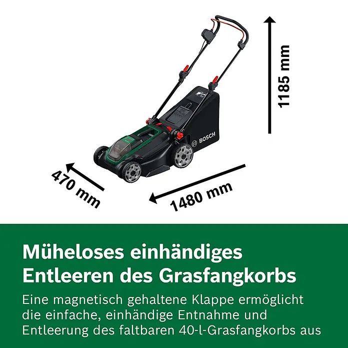 Bosch Power for All 18V Akku-Rasenmäher ROTAK18V2-43 - Ohne Akku, Schnittbreite: 43 cm - Schwarz-grüner Bosch Akku-Rasenmäher mit 40-L Grasfangkorb. Maße: 1480mm Länge, 470mm Schnittbreite, 1185mm Höhe.