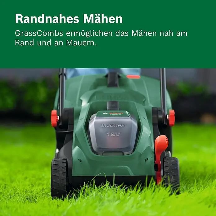 Bosch Power for All 18V Akku-Rasenmäher ROTAK18V-34 - Ohne Akku, Schnittbreite: 34 cm - Grüner Bosch 18V Akku-Rasenmäher, konzipiert für präzises randnahes Mähen.
