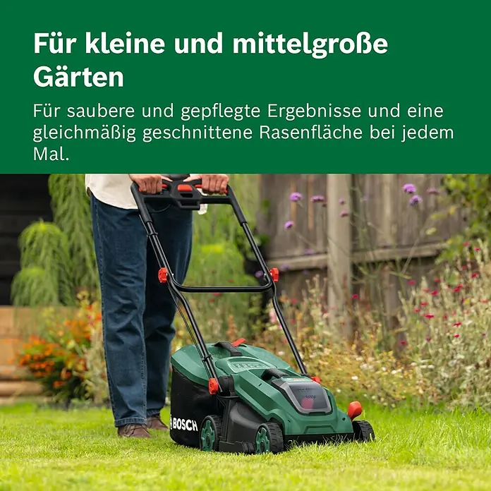Bosch Power for All 18V Akku-Rasenmäher ROTAK18V-34 - Ohne Akku, Schnittbreite: 34 cm - Eine Person mäht mit einem grün-schwarzen Bosch Akku-Rasenmäher Gras im Garten.