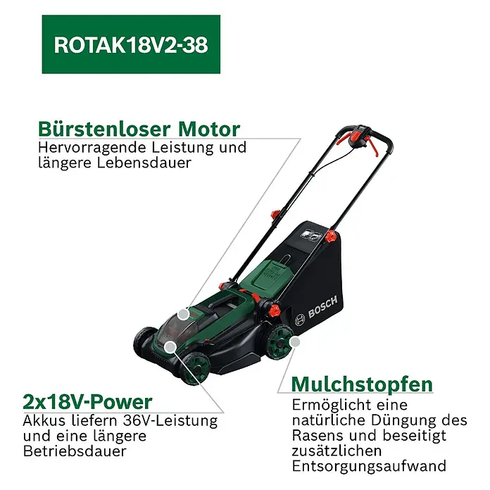 Bosch Power for All 18V Akku-Rasenmäher ROTAK18V2-38 - Ohne Akku, Schnittbreite: 38 cm - Grün-schwarzer Bosch ROTAK18V2-38 Akku-Rasenmäher mit bürstenlosem Motor, 2x18V Leistung und Mulchfunktion.