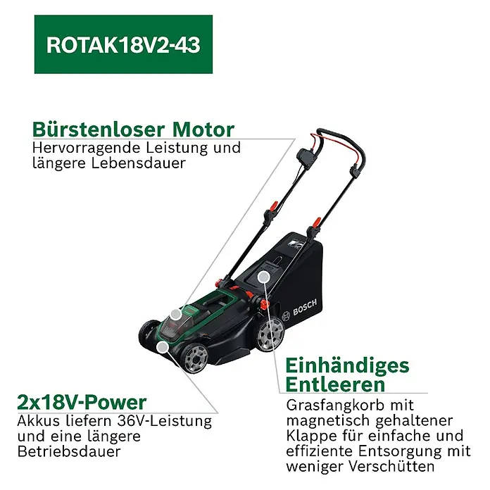 Bosch Power for All 18V Akku-Rasenmäher ROTAK18V2-43 - Ohne Akku, Schnittbreite: 43 cm - Schwarz-grüner Bosch Rotak Akku-Rasenmäher.