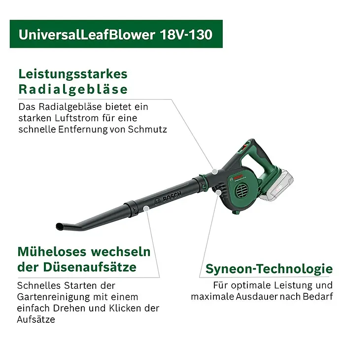 Bosch Power for All 18V Akku-Laubbläser UniversalLeafBlower 18V-130 - 18 V, Li-Ionen, Ohne Akku, Blasgeschwindigkeit: 185 km/h - Grün-schwarzer Bosch UniversalLeafBlower 18V-130, ein leistungsstarker Akku-Radialgebläse für Gartenreinigung mit einfachem Düsenwechsel und Syneon-Technologie.