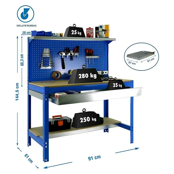 Simonrack Simonwork Banco de trabajo BT3 Box Mobile - L x An: 61 x 91 cm, Altura de trabajo: 144,5 cm, Carga soportada: 120 kg, Azul - Imagen de un banco de trabajo con herramientas, estantes e indicaciones de peso que demuestran su capacidad de carga.
