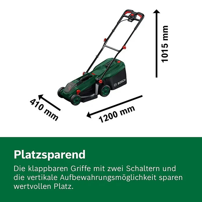 Bosch Power for All 18V Akku-Rasenmäher ROTAK18V-34 - Ohne Akku, Schnittbreite: 34 cm - Grüner und schwarzer Bosch Rasenmäher mit klappbarem Griff und Maßen für platzsparende vertikale Aufbewahrung.
