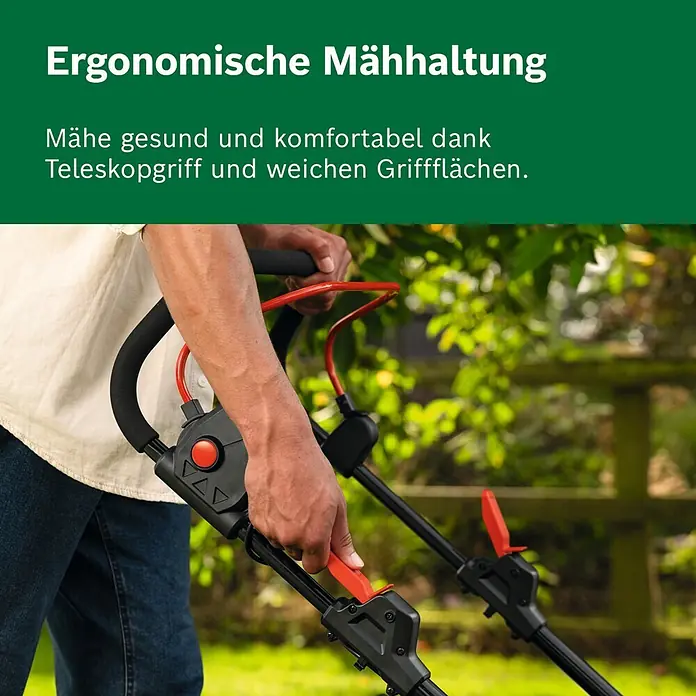 Bosch Power for All 18V Akku-Rasenmäher ROTAK18V2-43 - Ohne Akku, Schnittbreite: 43 cm - Person bedient Rasenmäher mit ergonomischem schwarzem Griff, roten Bedienelementen, Teleskopgriff und weichen Flächen für komfortable Nutzung.