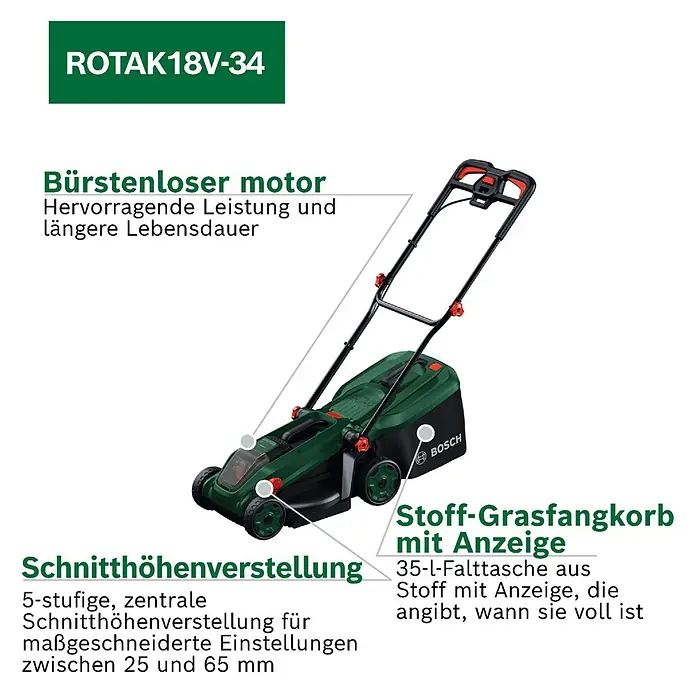 Bosch Power for All 18V Akku-Rasenmäher ROTAK18V-34 - Ohne Akku, Schnittbreite: 34 cm - Grün-schwarzer Bosch Rotak 18V-34 Akku-Rasenmäher mit Stoff-Grasfangkorb.
