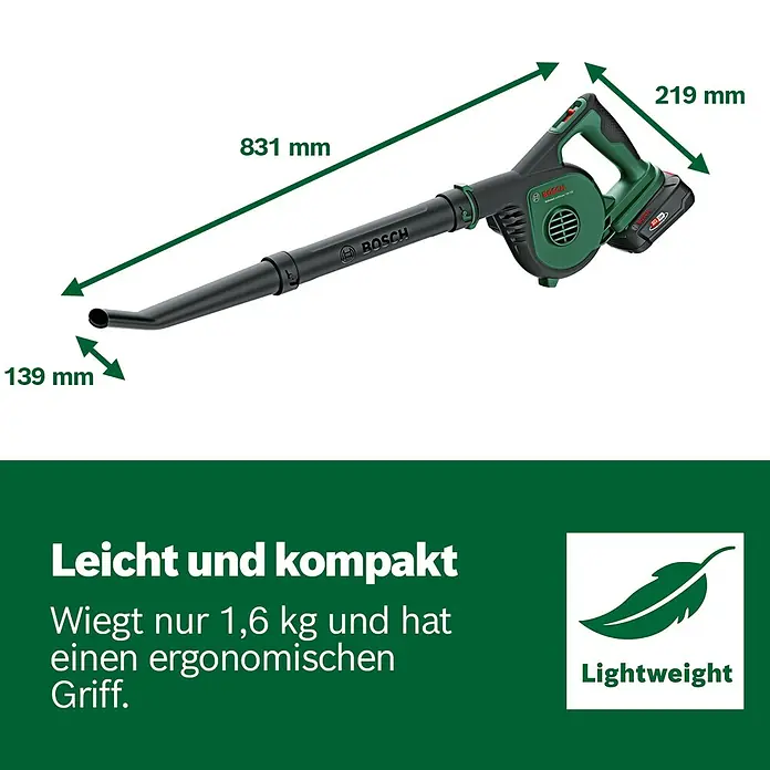Bosch Power for All 18V Akku-Laubbläser UniversalLeafBlower 18V-130 - 18 V, Li-Ionen, Ohne Akku, Blasgeschwindigkeit: 185 km/h - Grüner und schwarzer Bosch Akku-Laubbläser mit Massangaben. Er ist leicht (1,6 kg) und hat einen ergonomischen Griff.