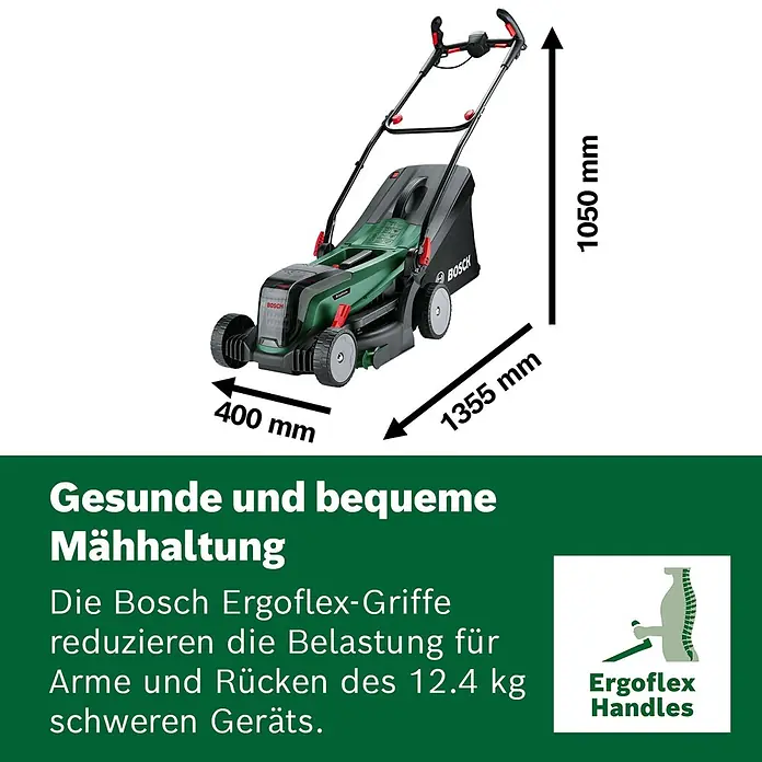 Bosch Power for All 18V Akku-Rasenmäher UniversalRotak 2x18V-37-550 - 18 V, Ohne Akku, Schnittbreite: 37 cm - Grüner und schwarzer Bosch Rasenmäher mit Ergoflex-Griffen für bequeme Nutzung, zeigt Maße und 12,4 kg Gewicht.