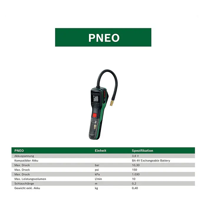 Bosch Akku-Luftpumpe Pneo Fahrradtasche - 3,6 V, Max. Druck: 10,3 bar - Handgehaltener, grüner und schwarzer Bosch PNEO Akku-Digital-Inflator mit flexiblem Schlauch und Display.