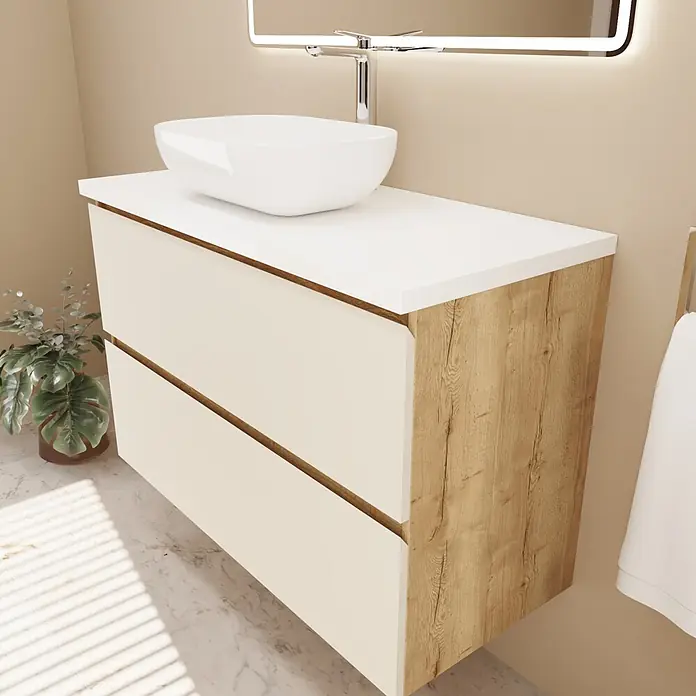 Mueble bajo de lavabo Isa - An x Pr x Al: 120 x 44,6 x 54,5 cm, Beige, Apertura con uñero ingletado 45 grados - Mueble de baño moderno con lavabo blanco, cajones beige claro y panel lateral de efecto madera.
